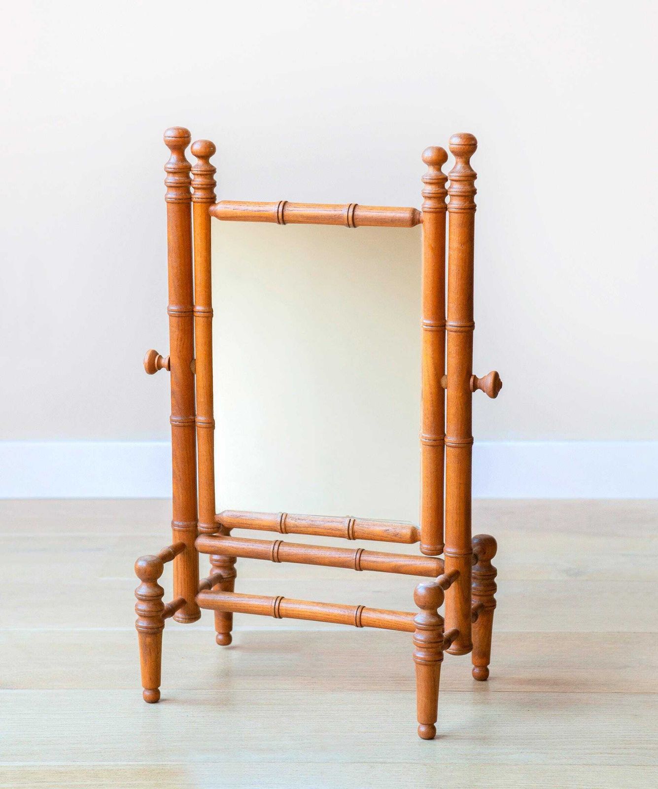 366.0 Antique Faux Bamboo Standing Tabletop Mirror – Victorian Vanity Mirror With Turned Oak Wood Frame photo
