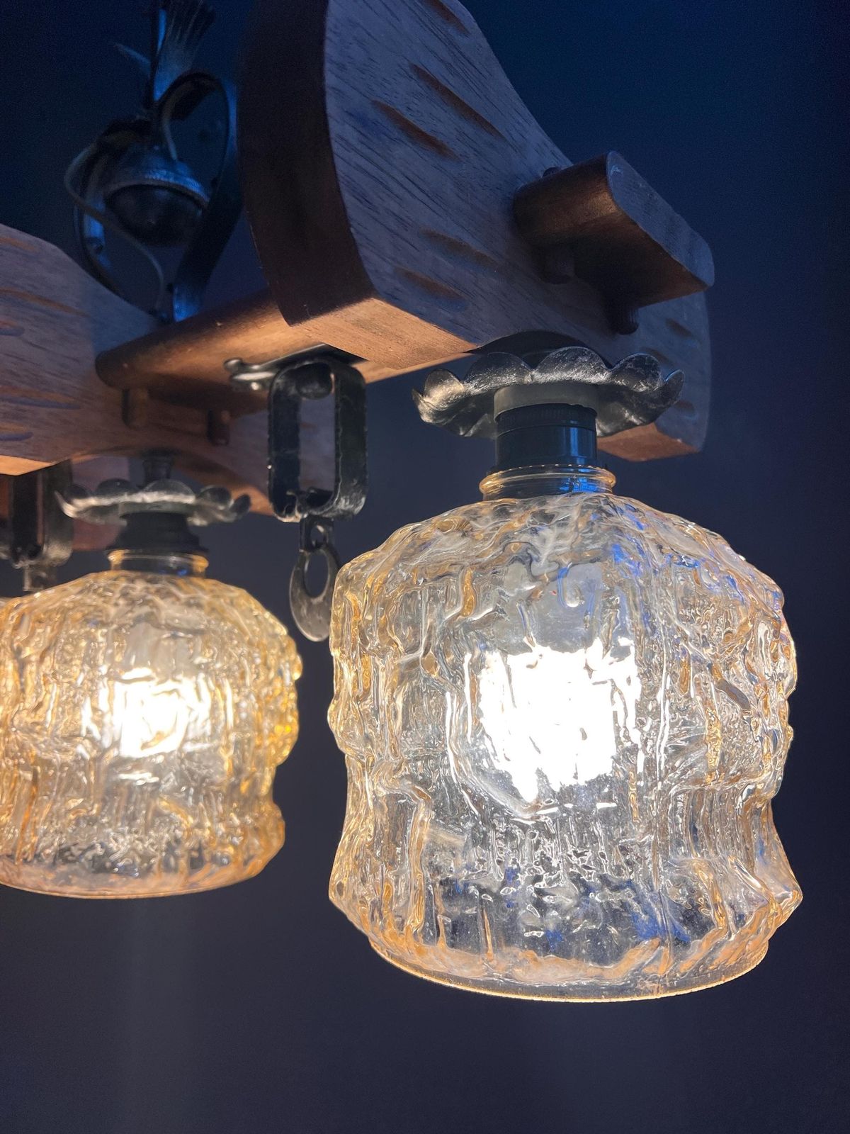Vintage Rustic Mid Century Chandelier: Spanish Revival Wood Beam, Cracked Ice Amber Glass photo for sale