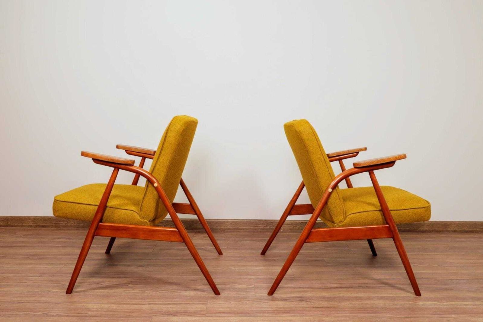 Set Of Mid Century Armchairs Ocher Yellow Wool, Turned Legs, 1960s photo for sale