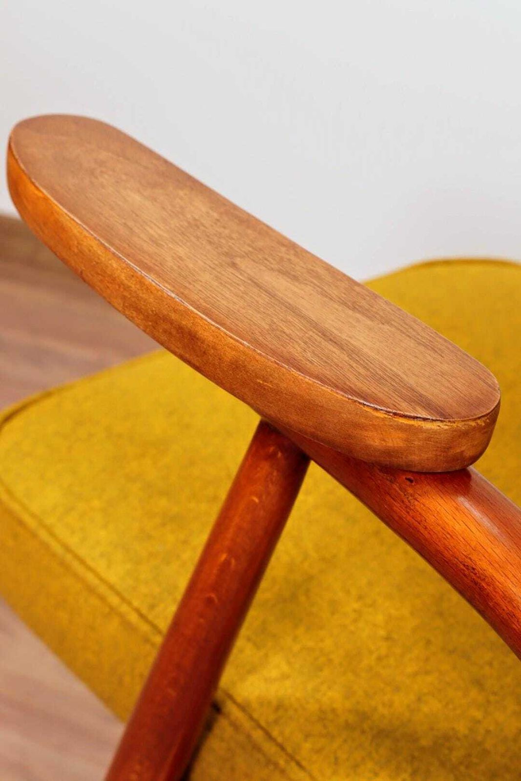 photo for sale Set Of Mid Century Armchairs Ocher Yellow Wool, Turned Legs, 1960s