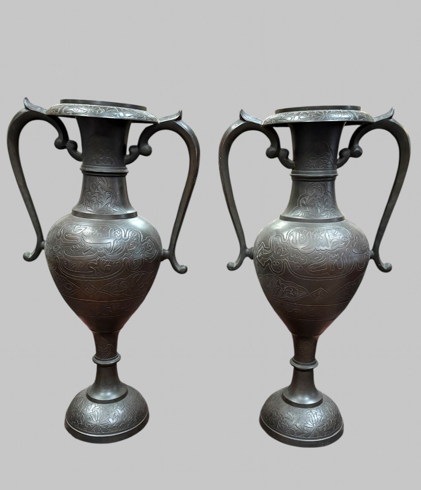 Pair Of Large Engraved Metal Two Handled Vases (Height 60 Cm)