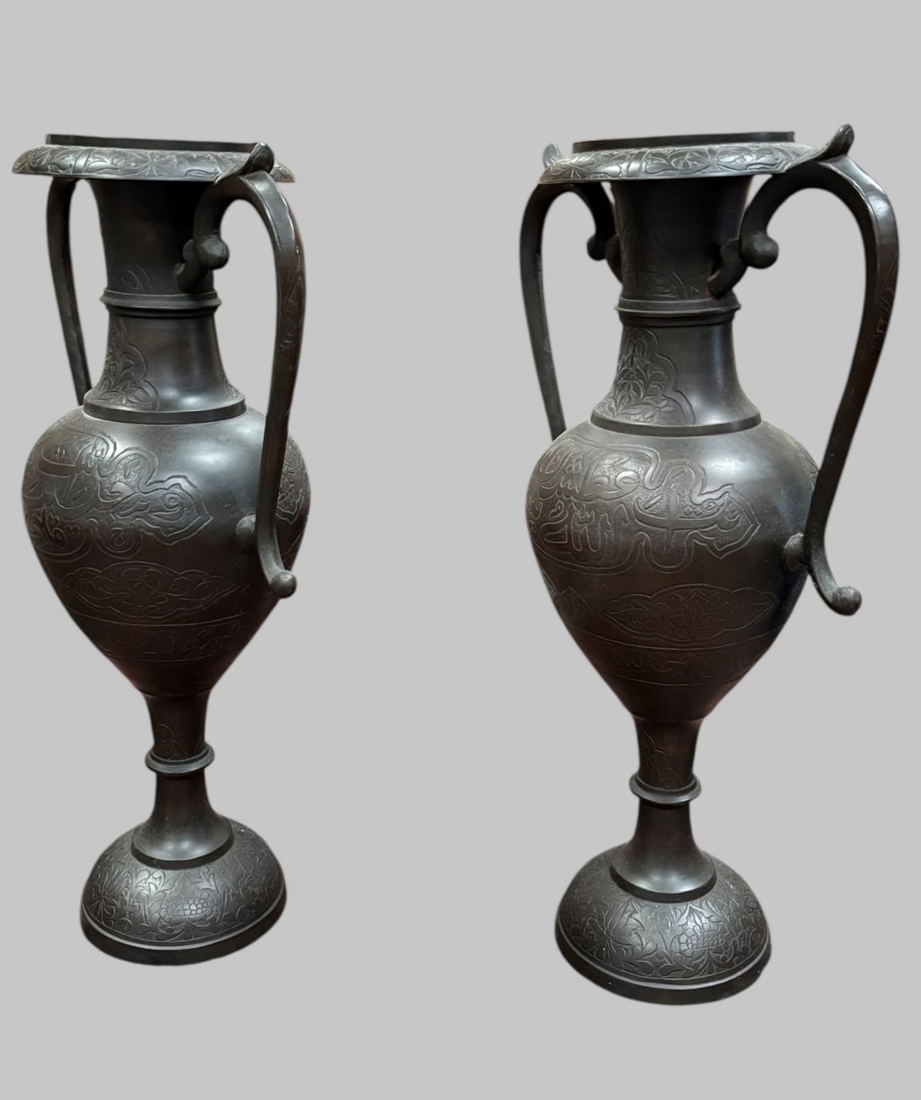 Pair Of Large Engraved Metal Two Handled Vases (Height 60 Cm) photo furniture