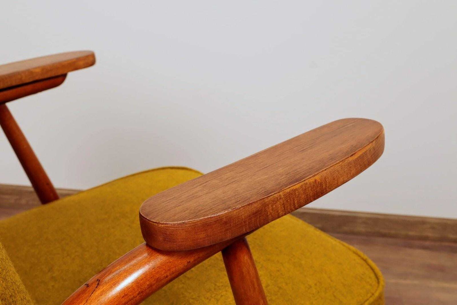 Mid Century Armchair Ocher Yellow Wool, Turned Legs, 1960s photo Furniture