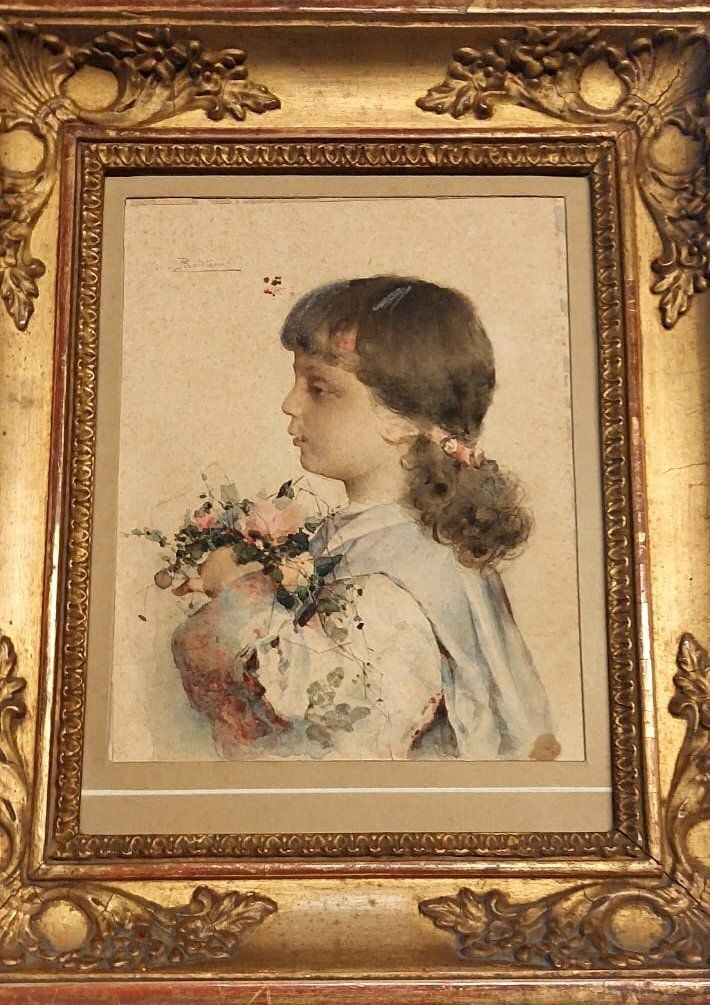 Watercolor On Paper, Portrait Of A Young Girl Signed Alessandro Rontini Florence (1854 1933), photo Art