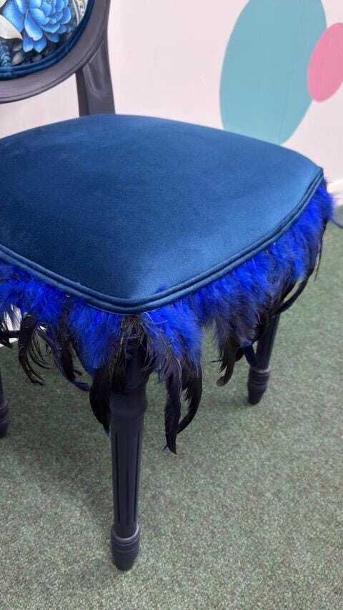 Bespoke Vintage Blue Bird Chair. One Of A Kind Velvet And Feather Detailing. Artist Designed Chair photo vinterior