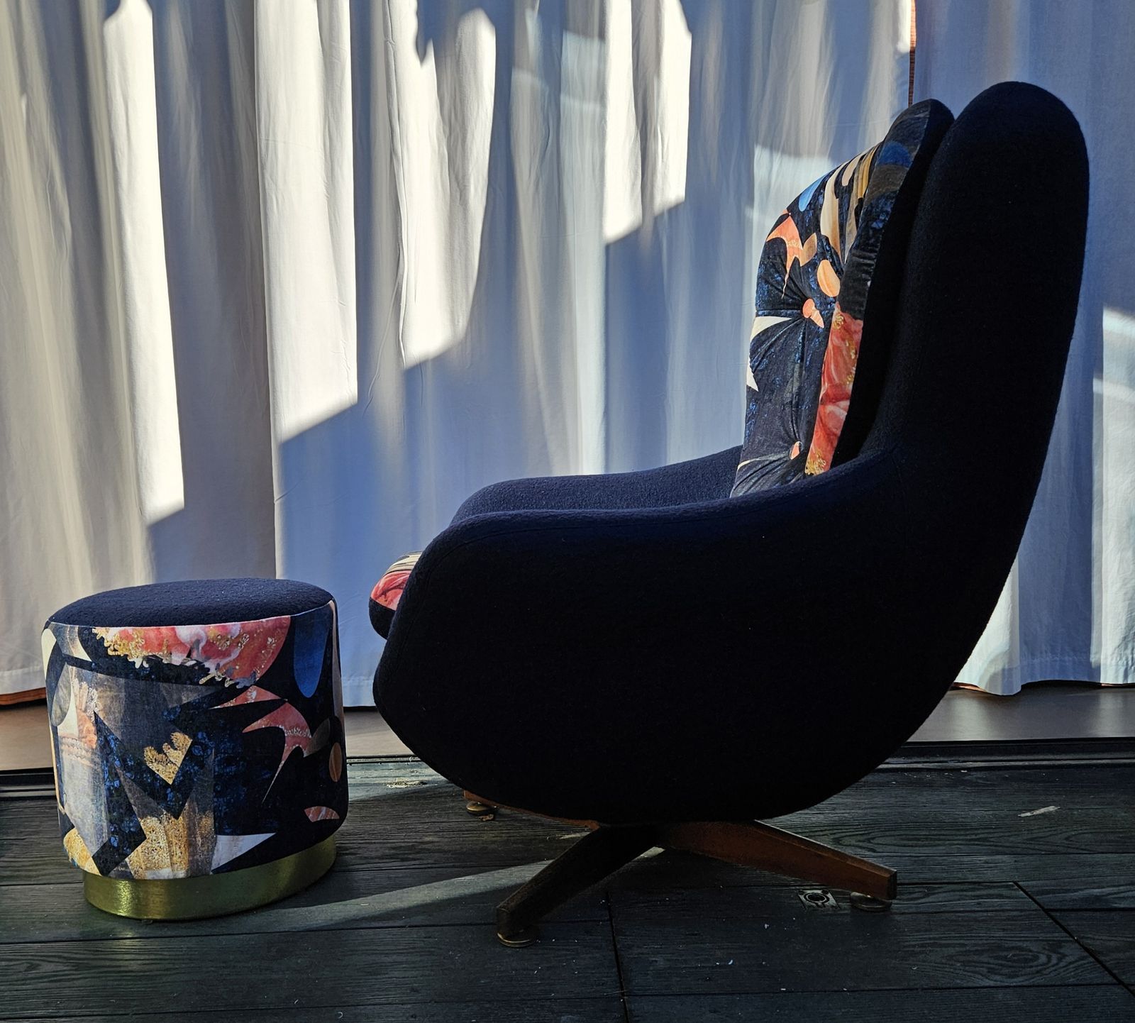 Vintage Mid Century Swivel And Tilt Chair With Pouffe. Each Newly Reupholstered. photo furniture