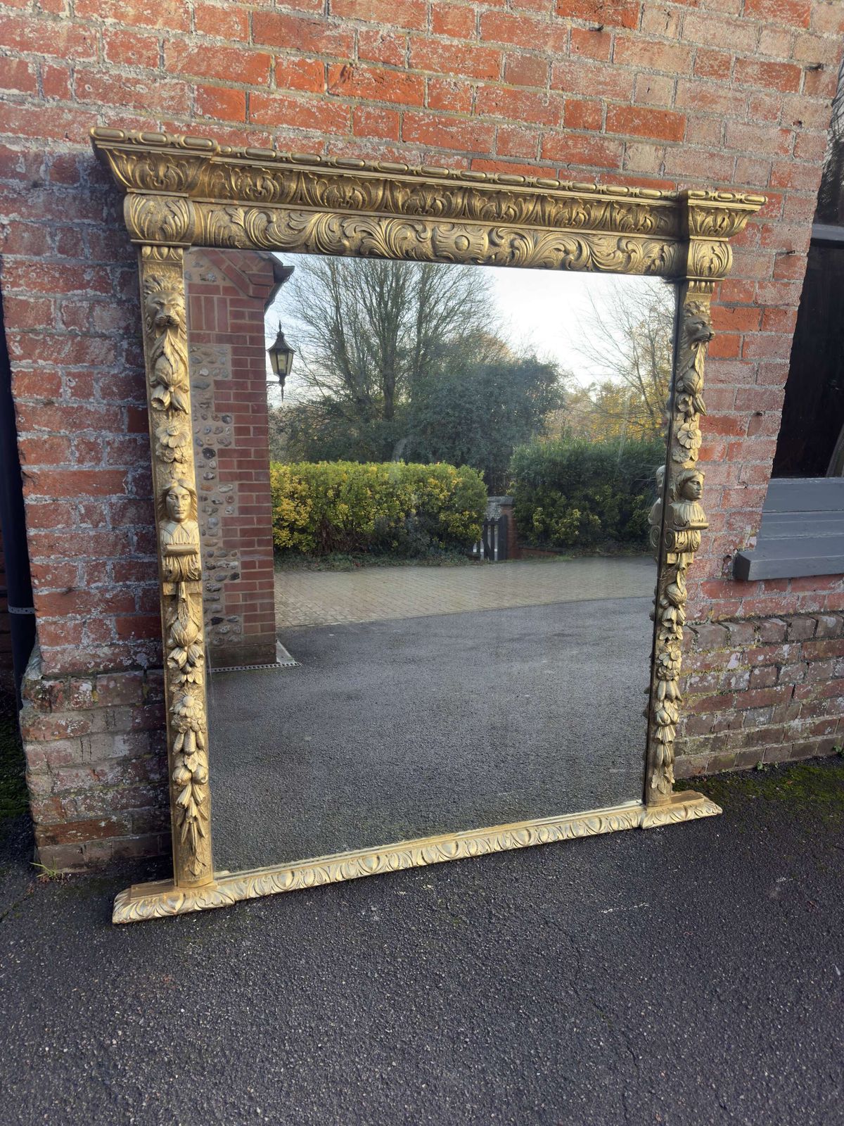 An Exceptional Large Antique English 19th C Carved Oak Gilt Overmantle Mirror.