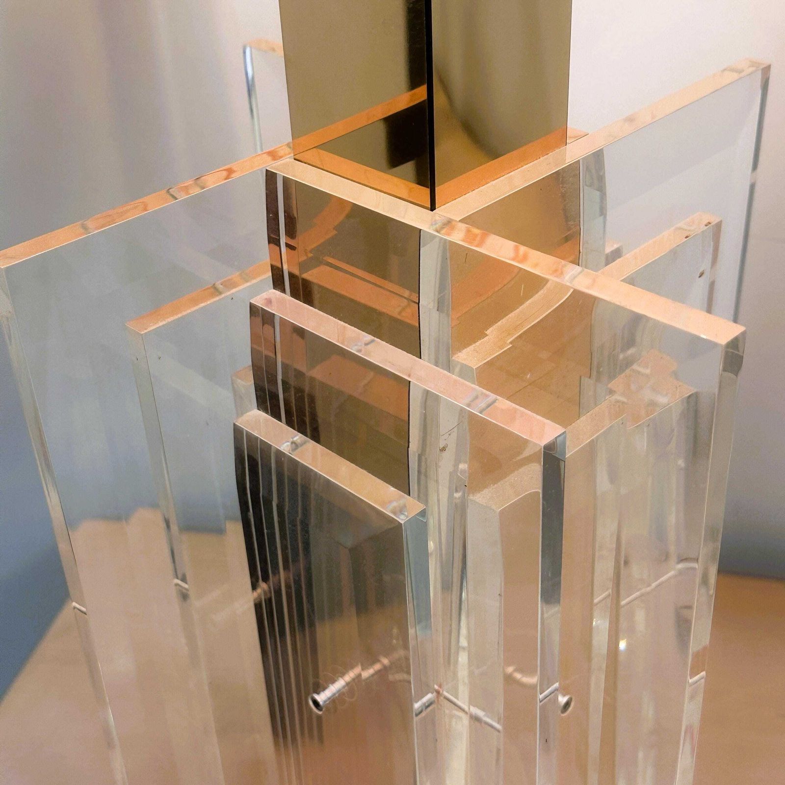 Large Glamourous 1970s Brass & Lucite Architectural Table Lamp. photo for sale