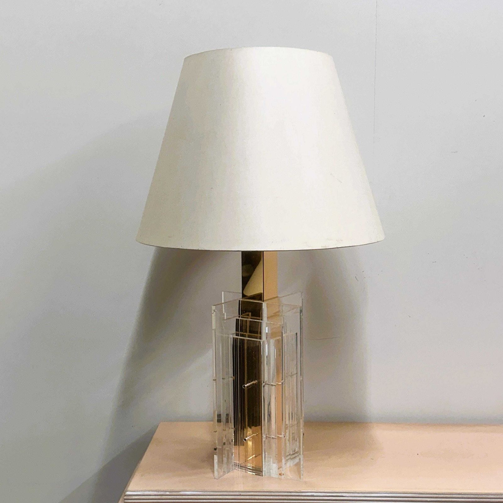 Large Glamourous 1970s Brass & Lucite Architectural Table Lamp. photo buy