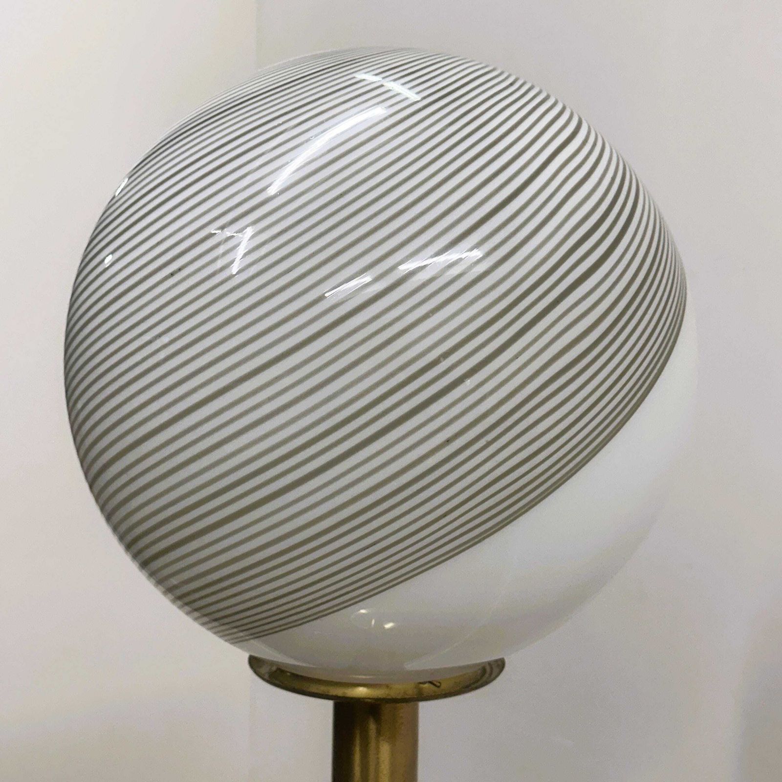 Large 1970s Italian Brass Floor Lamp With Swirled Murano Glass Globe — Sculptural & Luminous