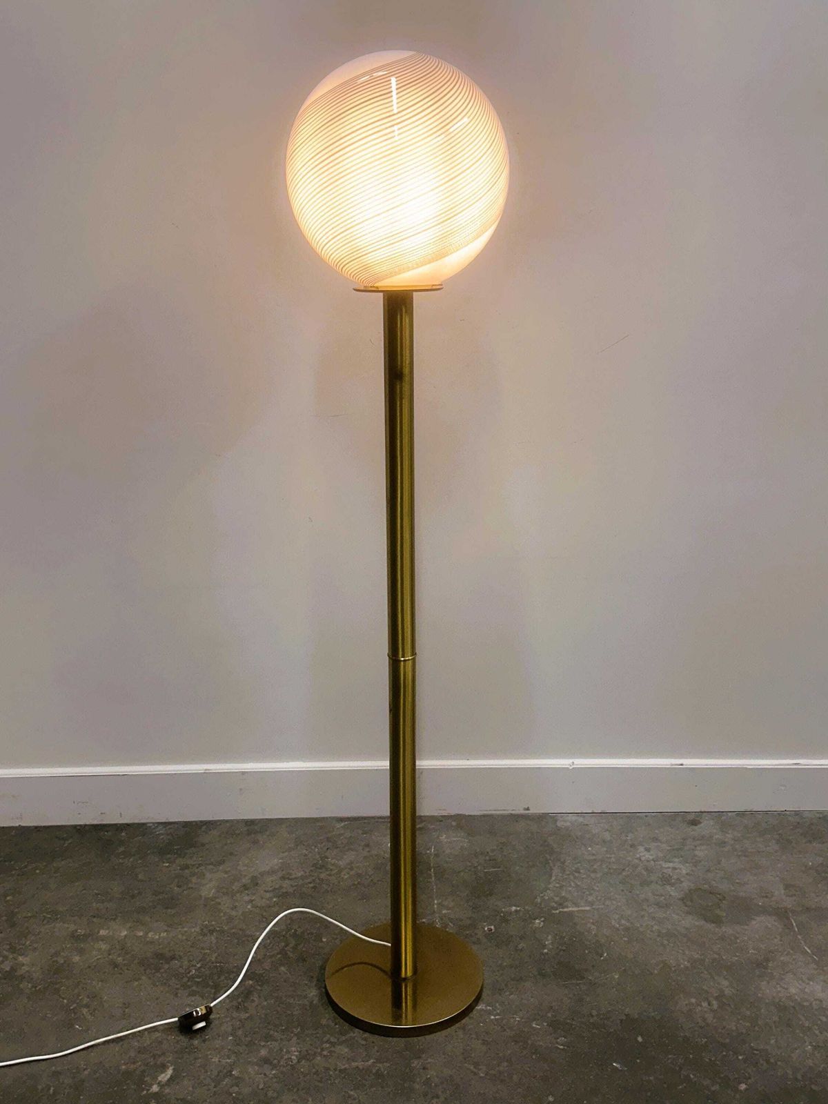 Large 1970s Italian Brass Floor Lamp With Swirled Murano Glass Globe — Sculptural & Luminous photo Lighting