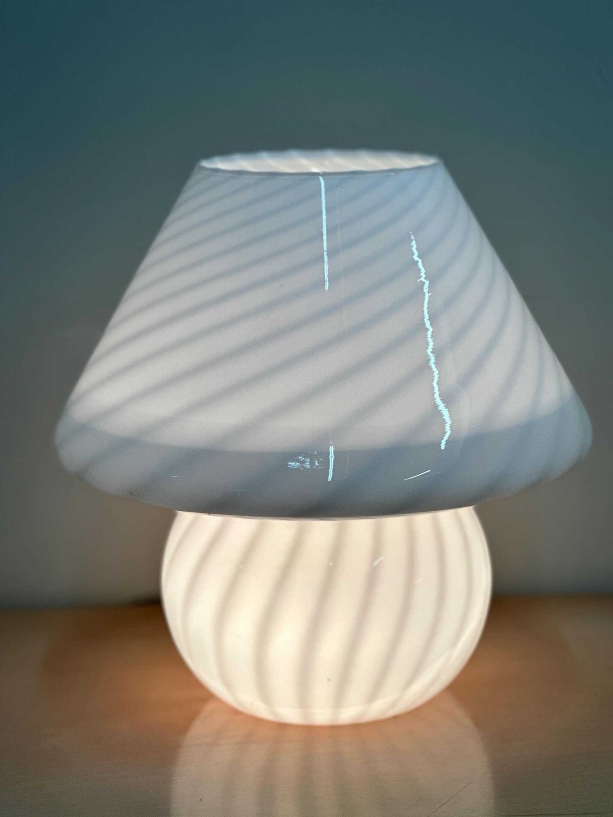 Vintage White Swirl Glass Mushroom Lamp – Italian Style Opaline Table Lamp. 1970s. Italy photo for sale