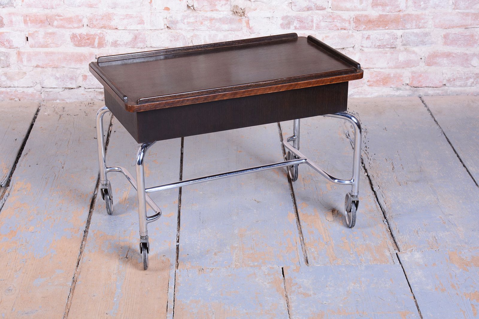 Restored Bauhaus Serving Trolley, By R.Slezák, Oak, Chrome, Czech, 1930s photo 1250.0