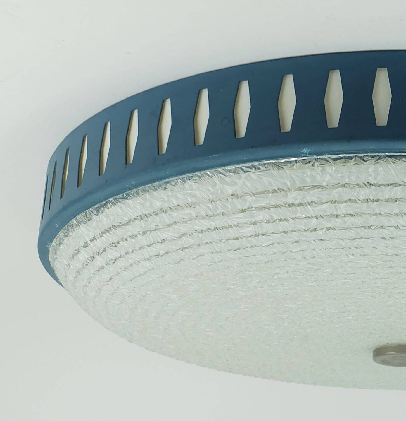 photo furniture Rare And Large Hillebrand Ceiling Light From The 1960s, In Textured Glass And Blue Metal Frame.