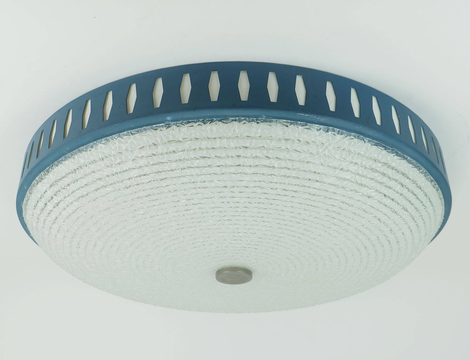 photo for sale Rare And Large Hillebrand Ceiling Light From The 1960s, In Textured Glass And Blue Metal Frame.