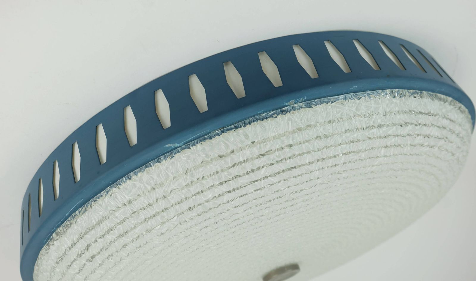 photo buy Rare And Large Hillebrand Ceiling Light From The 1960s, In Textured Glass And Blue Metal Frame.