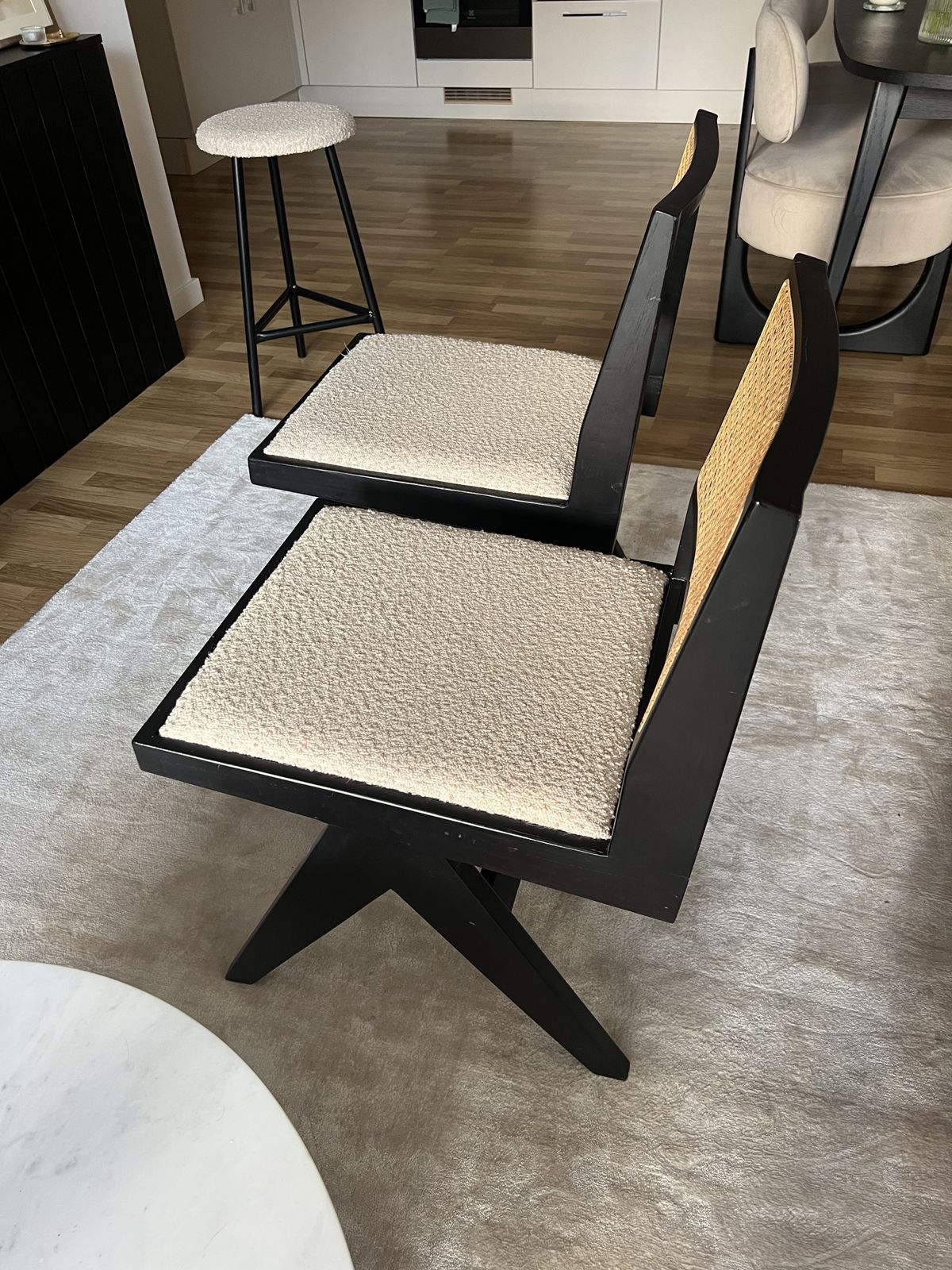 Six The Residence Pair 2 X Cane Teak Upholstered Boucle Dining Chairs Black photo furniture