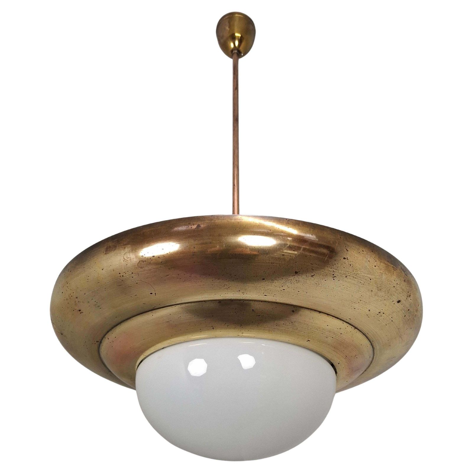 1920 Czechoslovak Art Deco Brass And Opaline Glass Pendant Lamp, Napako 13443
