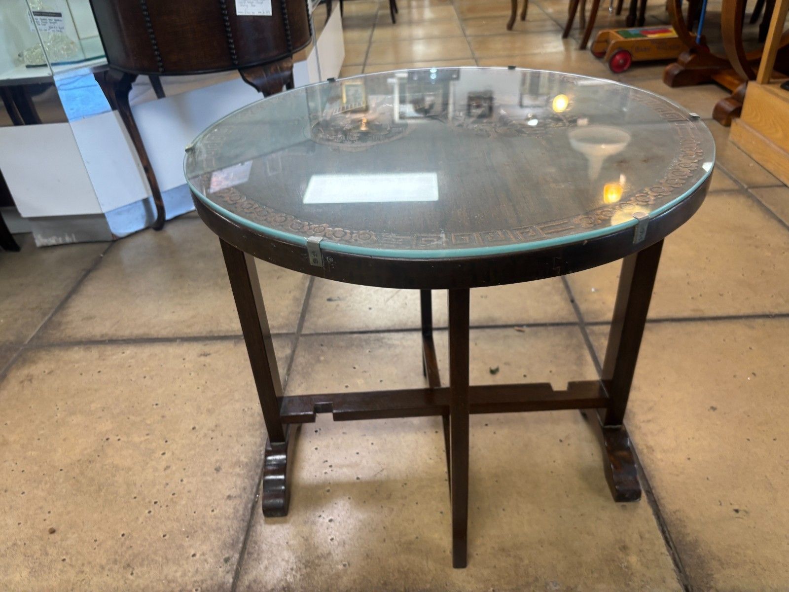 photo furniture Vintage Chinese Wooden Hand Carved Tilt Top Table With Glass Top