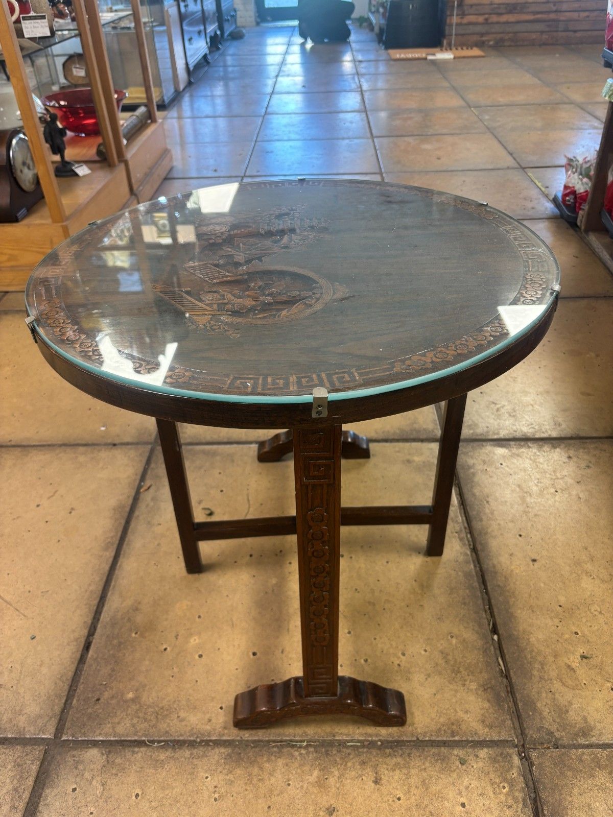 photo for sale Vintage Chinese Wooden Hand Carved Tilt Top Table With Glass Top