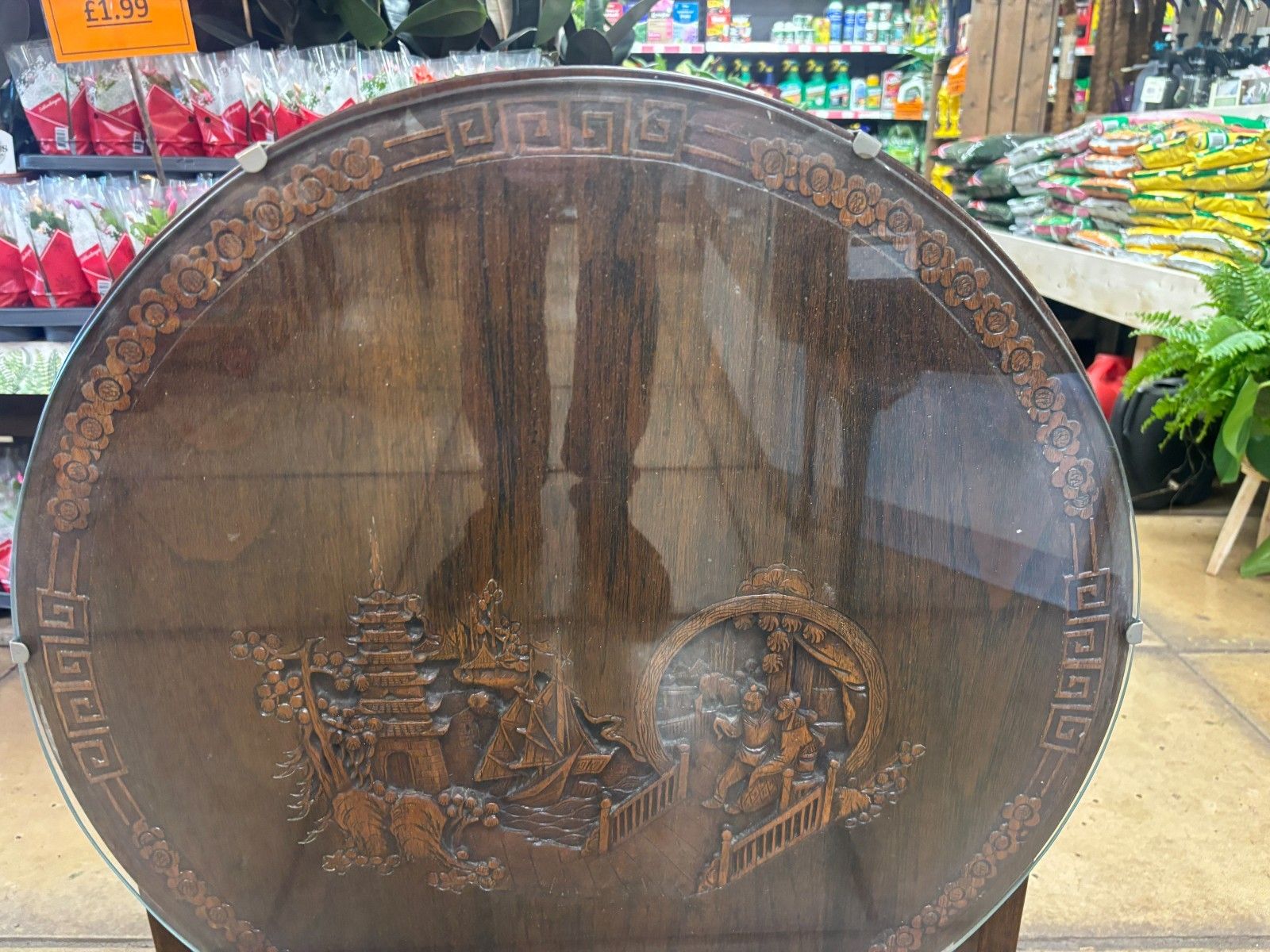 Furniture Vintage Chinese Wooden Hand Carved Tilt Top Table With Glass Top photo