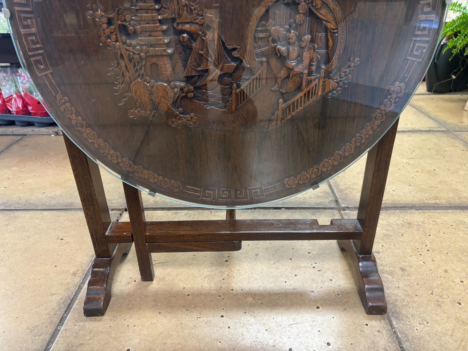 photo vinterior Vintage Chinese Wooden Hand Carved Tilt Top Table With Glass Top