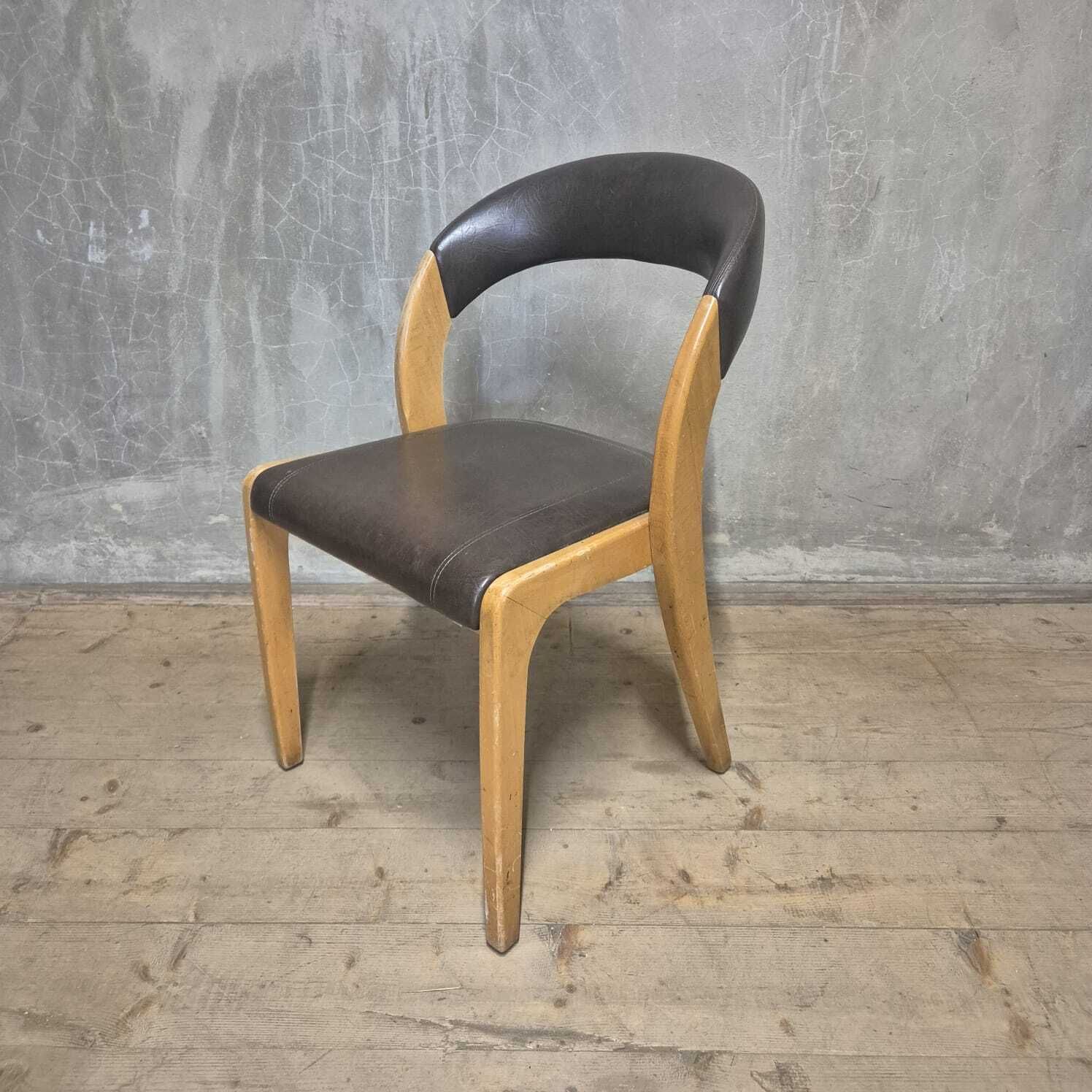 Vintage Curved Back Dining Chair, Wood & Leatherette, Czechoslovakia, 1970s
