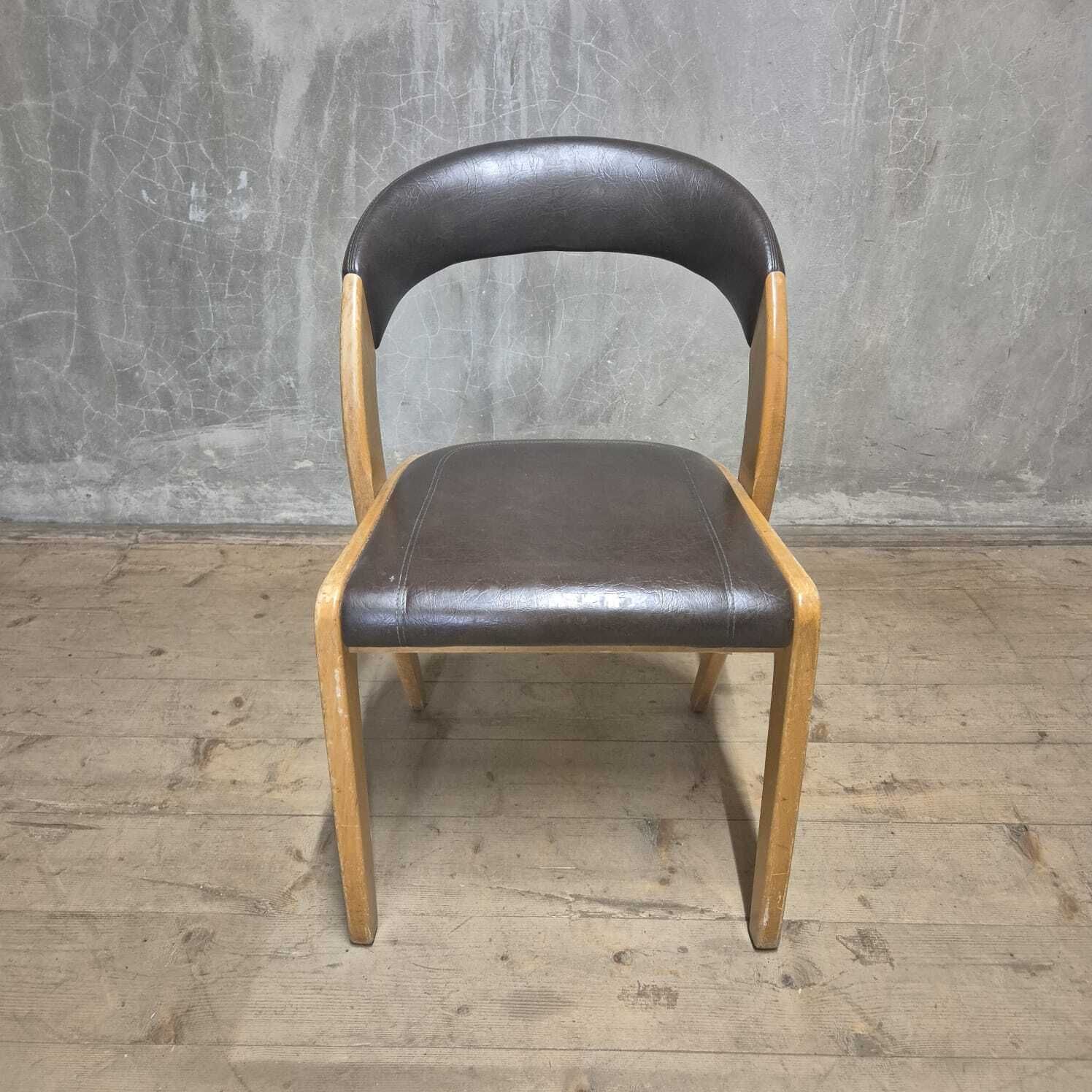 Vintage Curved Back Dining Chair, Wood & Leatherette, Czechoslovakia, 1970s photo vinterior
