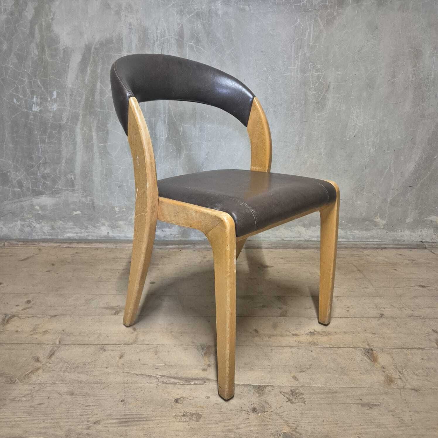 Vintage Curved Back Dining Chair, Wood & Leatherette, Czechoslovakia, 1970s photo vintage