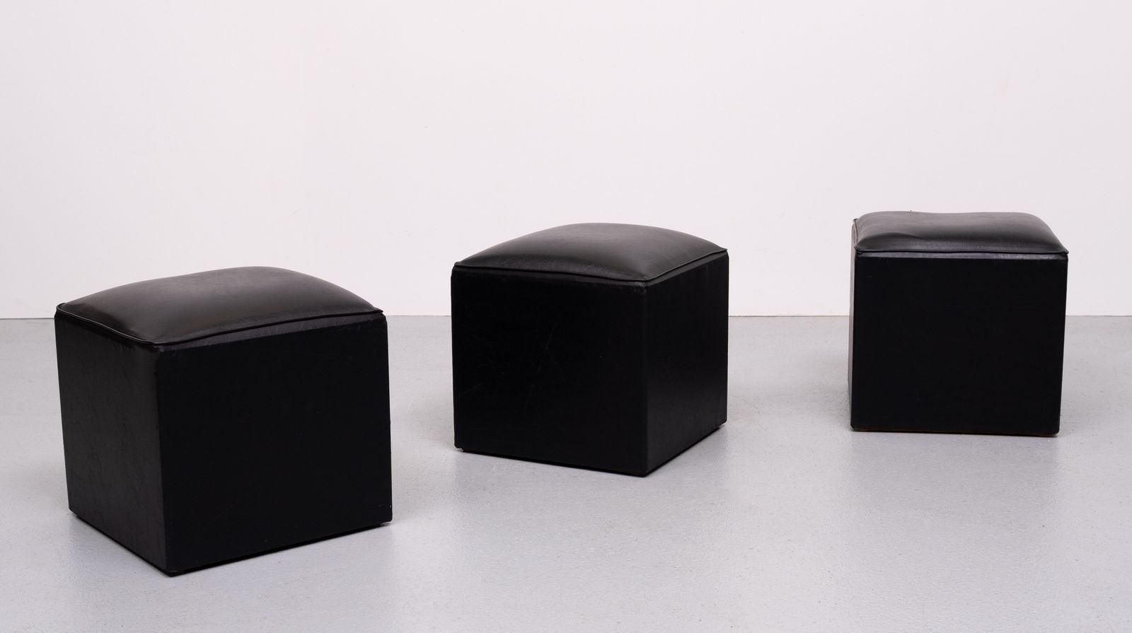 Set Of 3 Black Faux Leather Cube Ottomans 1960s Holland photo 1000.0