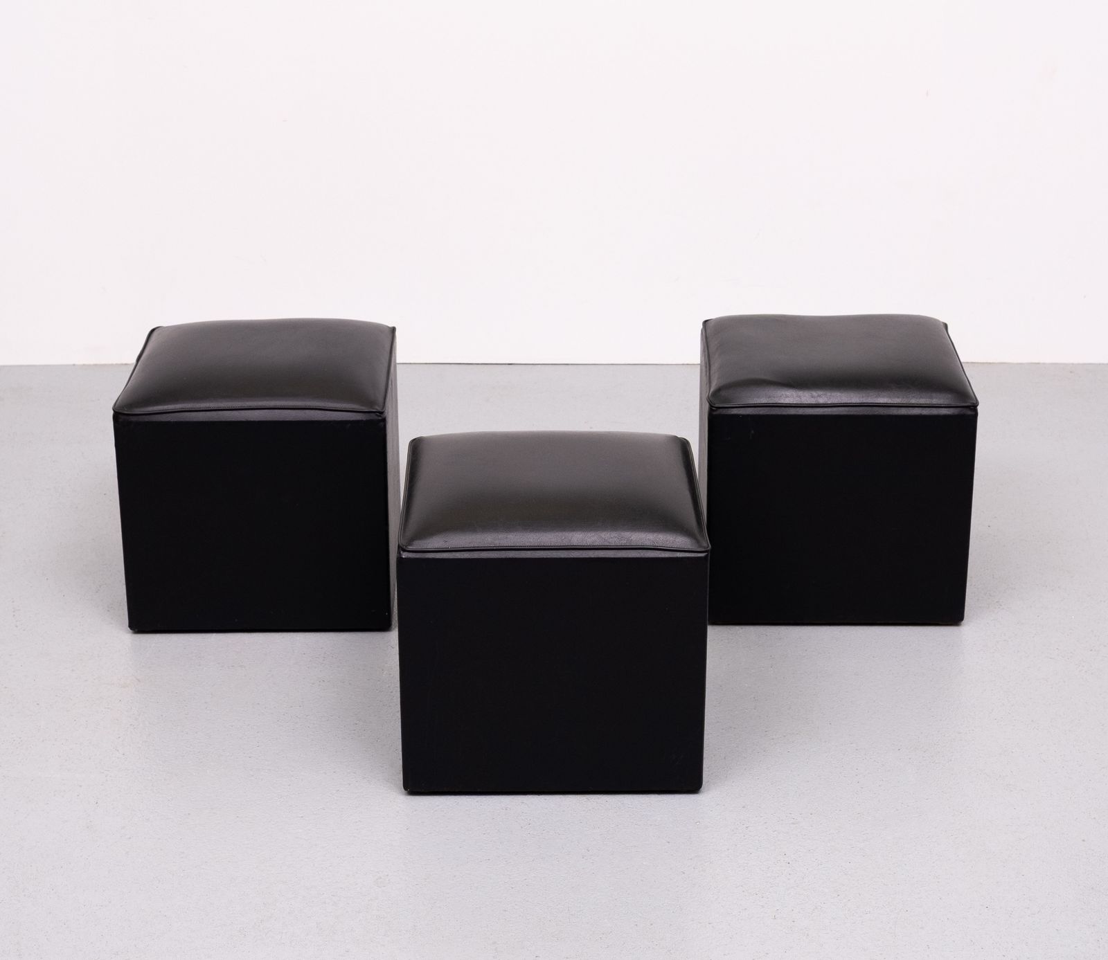Set Of 3 Black Faux Leather Cube Ottomans 1960s Holland photo vinterior