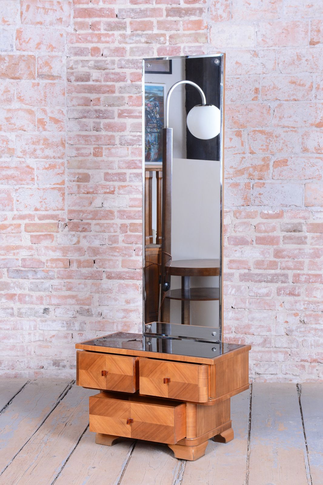Restored Art Deco Dressing Mirror, Cherry Wood, Glass, Polish, Czech, 1920s photo furniture
