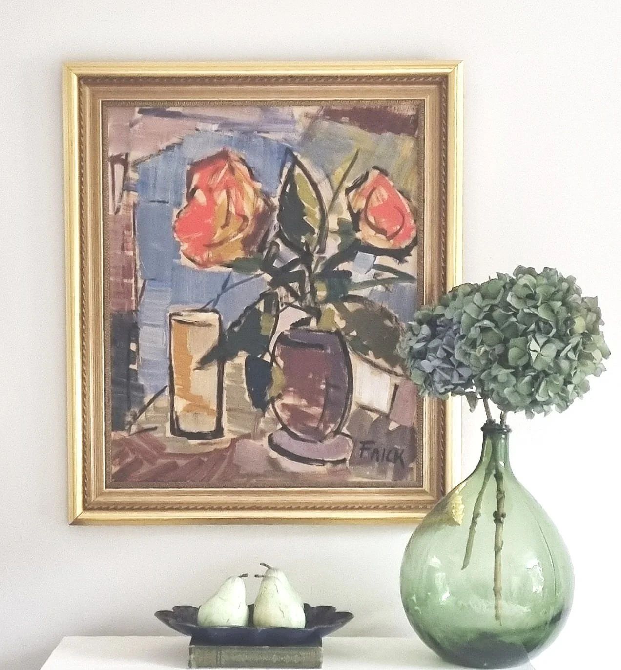 Original Framed Vintage Mid Century Swedish Floral Study Coral Roses  By Gosta Falck (1920 2006)