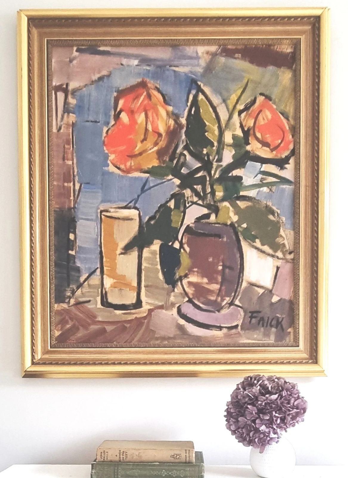 Original Framed Vintage Mid Century Swedish Floral Study Coral Roses  By Gosta Falck (1920 2006) photo furniture