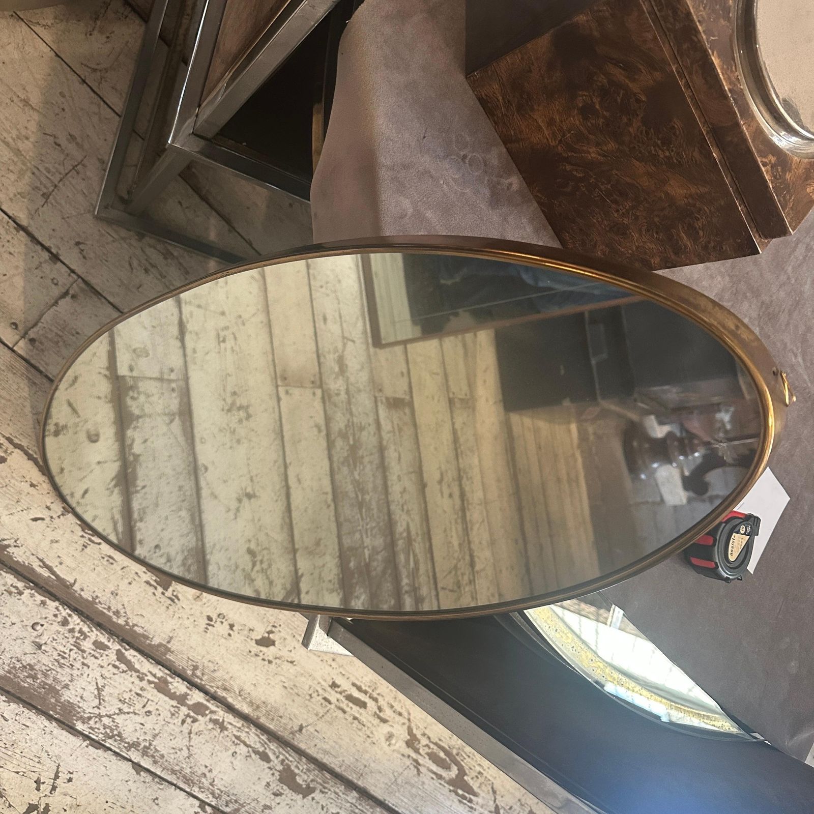 1950s Gio Ponti Style Mid Century Modern Brass Italian Long Oval Wall Mirror photo vinterior