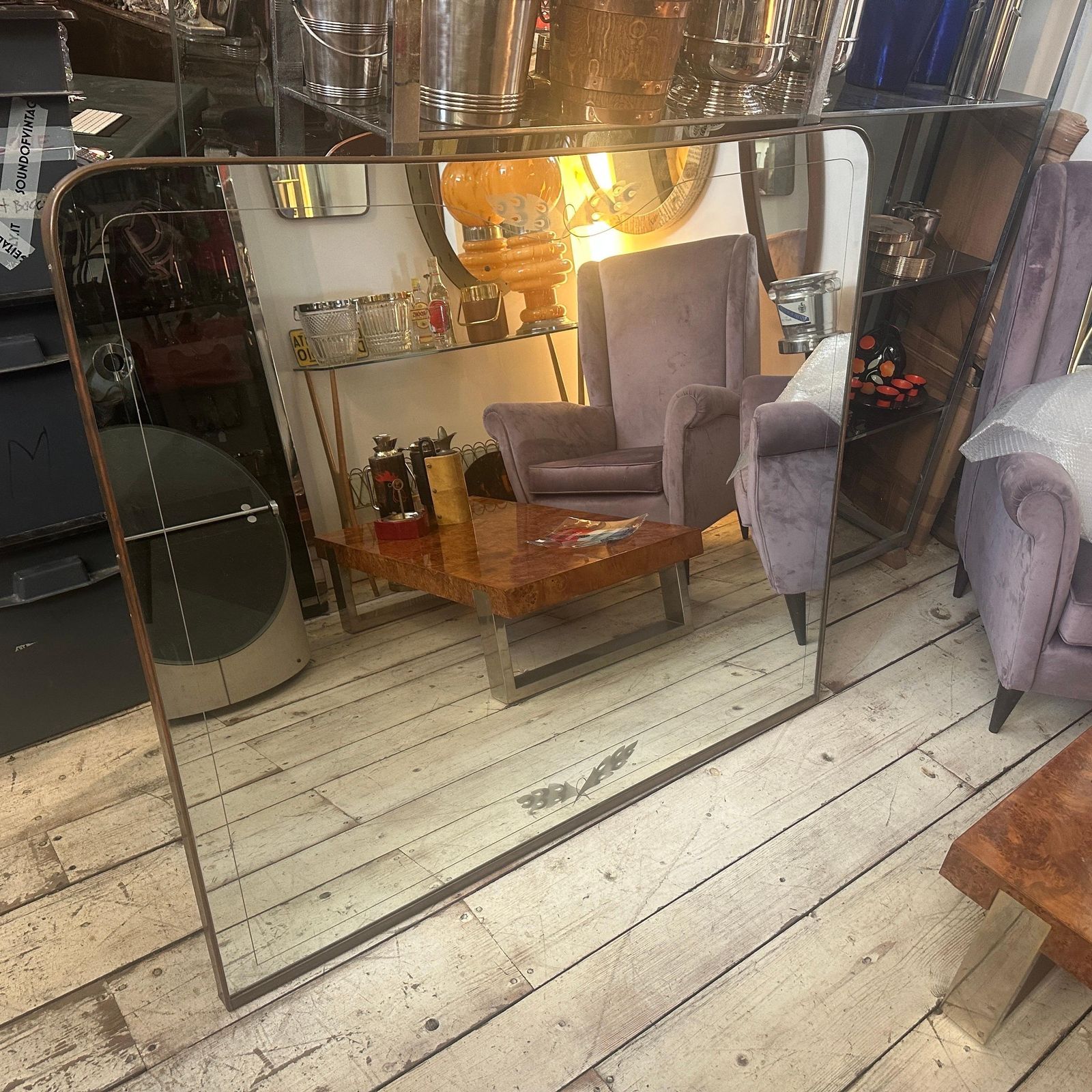 1950s Gio Ponti Style Mid Century Modern Brass And Etched Glass Big Wall Mirror photo furniture