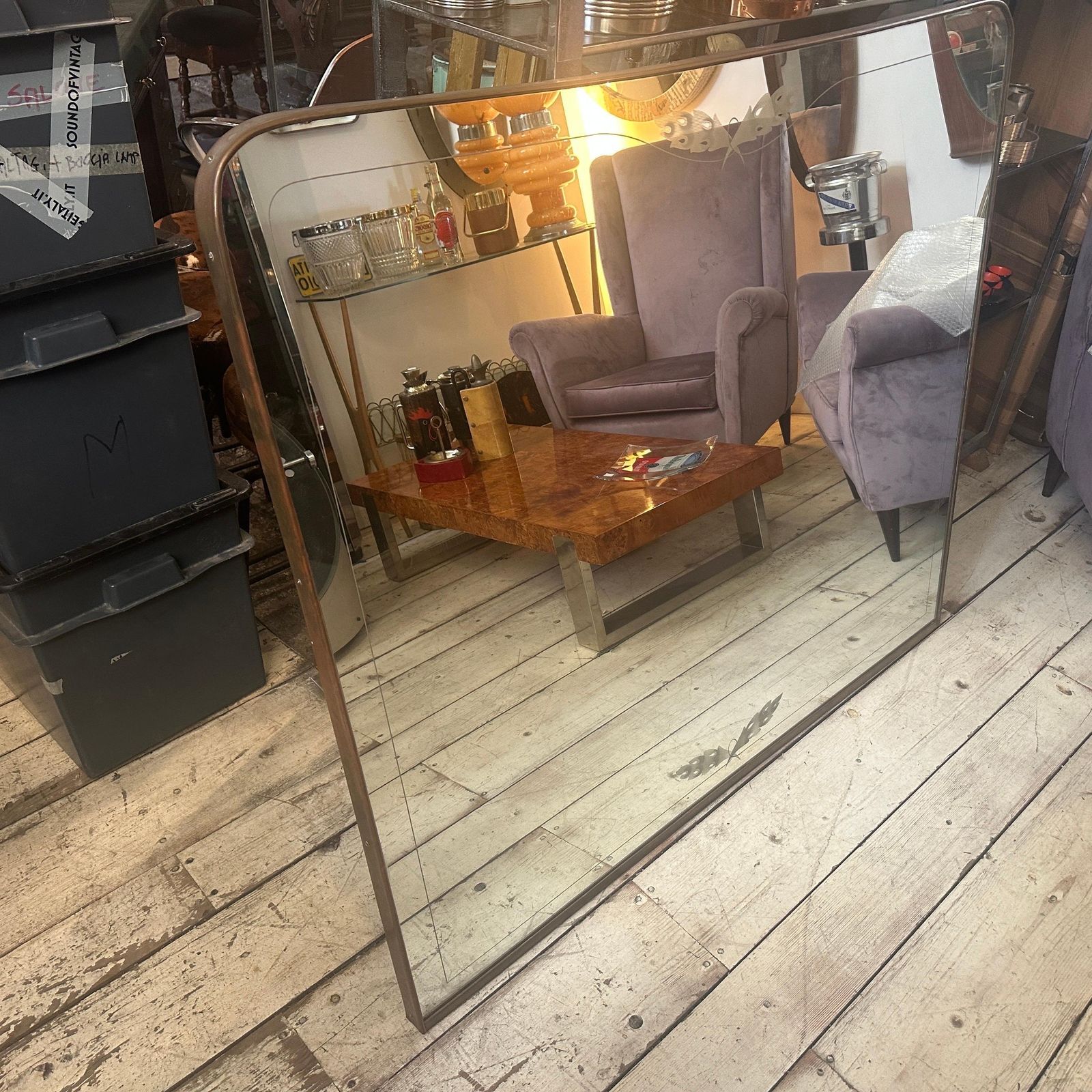 1950s Gio Ponti Style Mid Century Modern Brass And Etched Glass Big Wall Mirror photo for sale