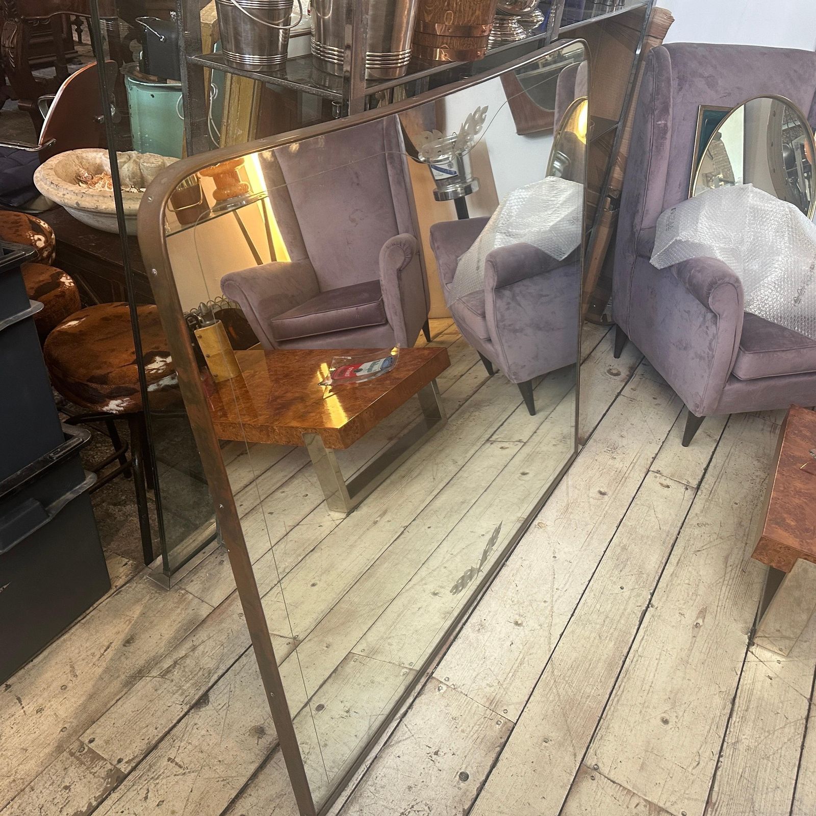 1950s Gio Ponti Style Mid Century Modern Brass And Etched Glass Big Wall Mirror photo Home Decor