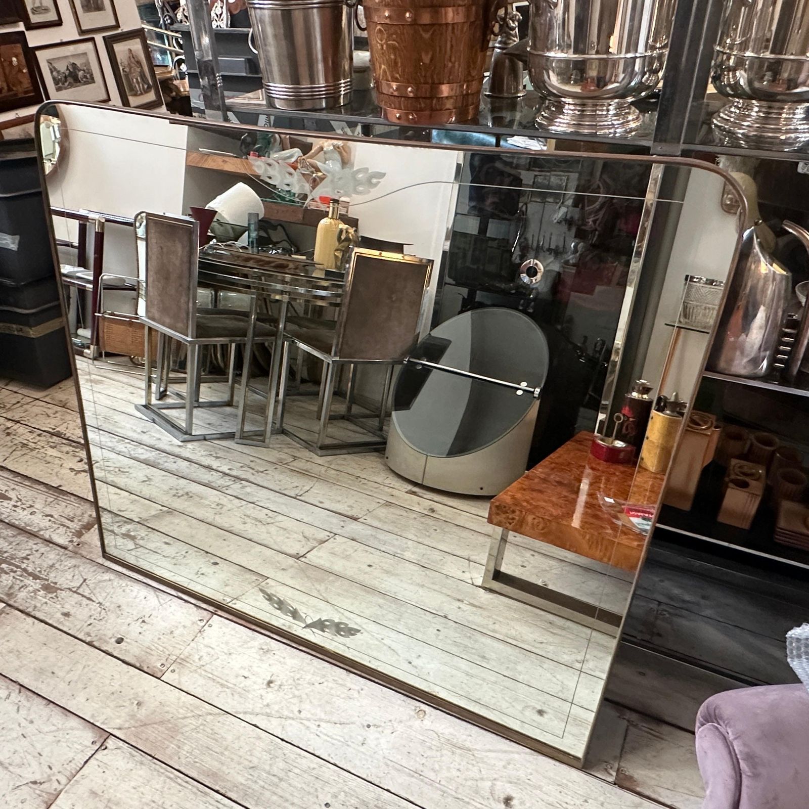 3022.0 1950s Gio Ponti Style Mid Century Modern Brass And Etched Glass Big Wall Mirror photo