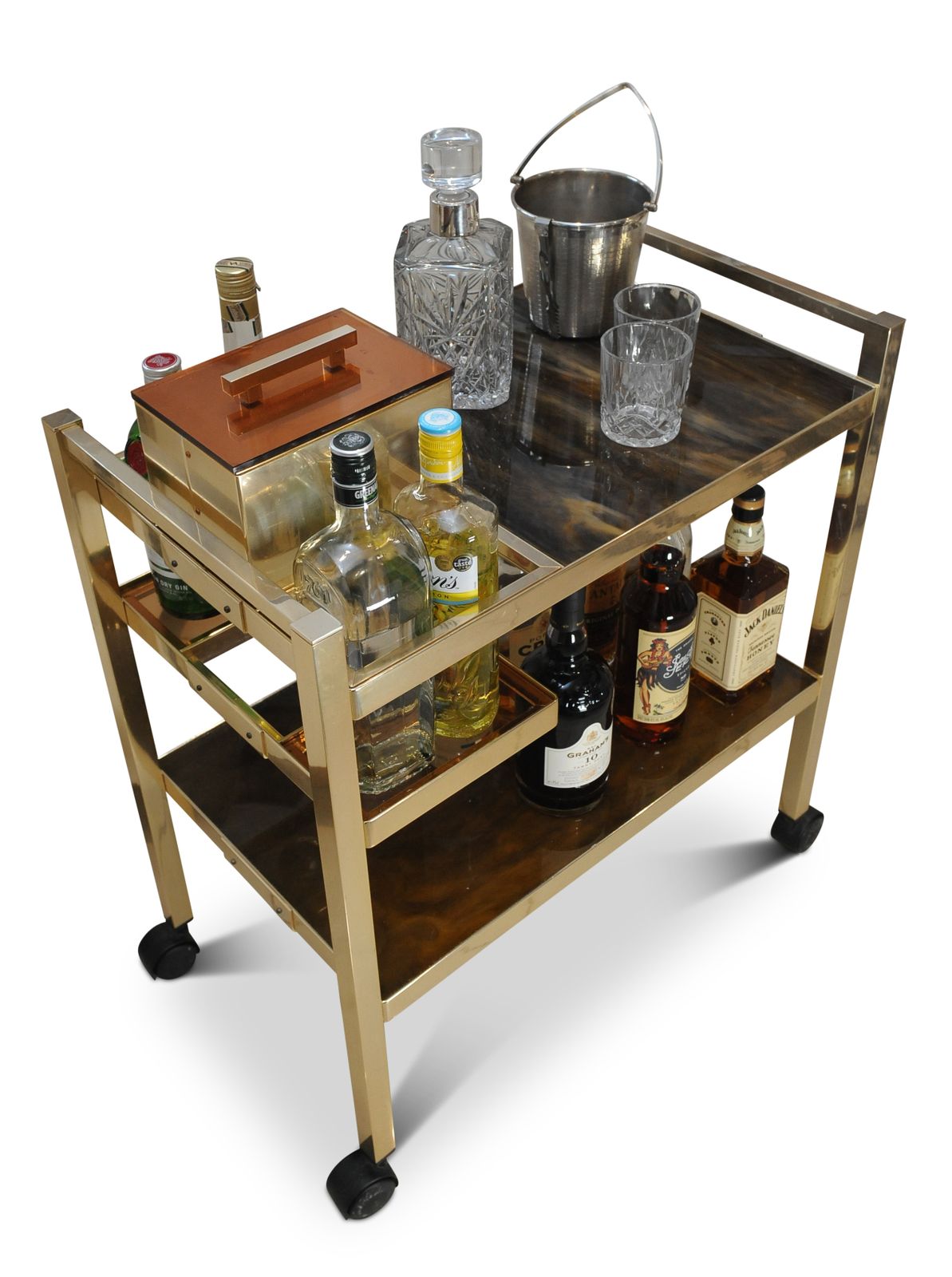 Bart Cart Aluminium & Lucite Two Tier Bar Cart With Marbleized Tiers Made In Denmark 1970's photo furniture