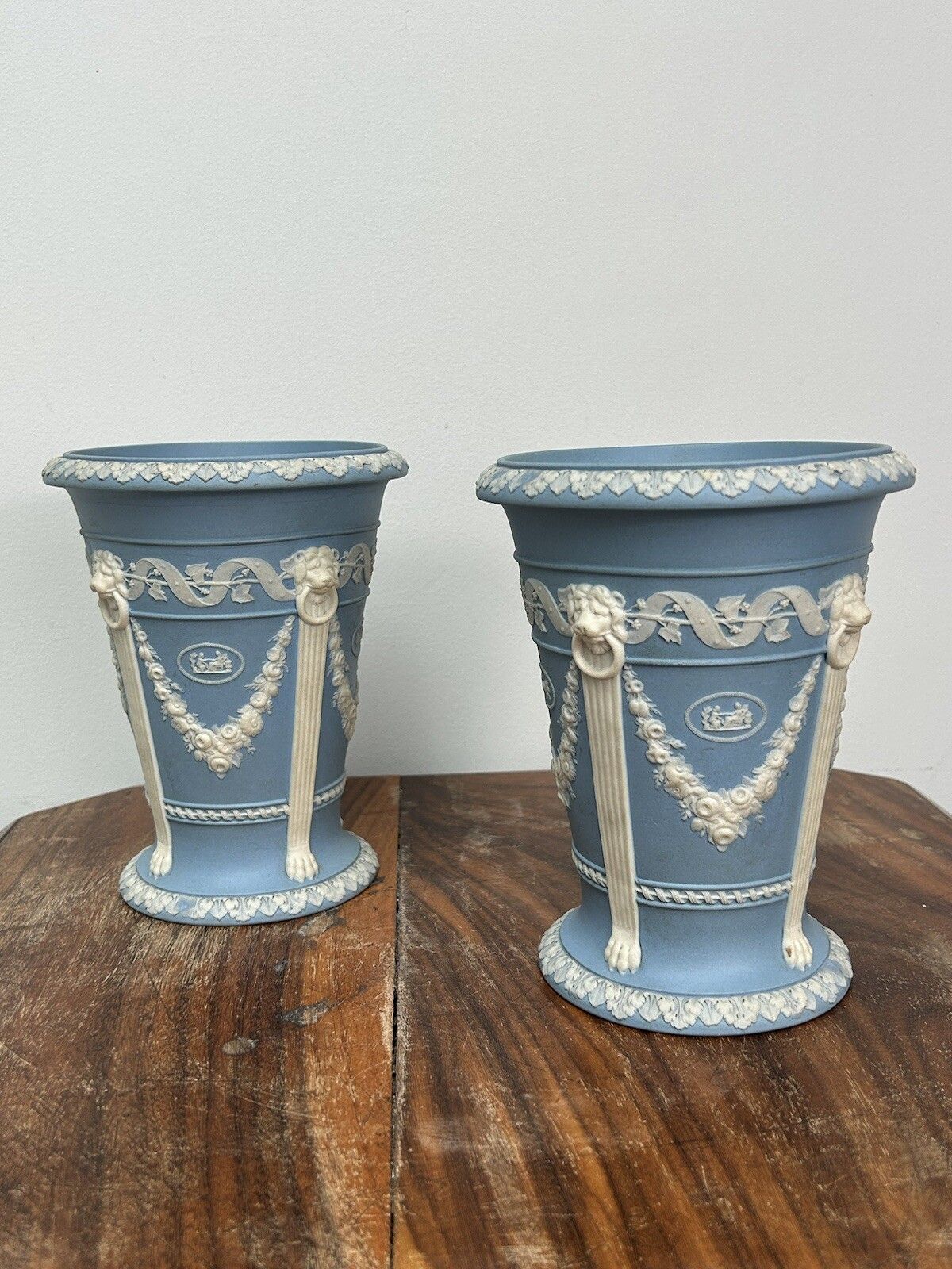 Wedgwood Light Blue Jasperware Monopodia Vases Pair Lion Head Cameos