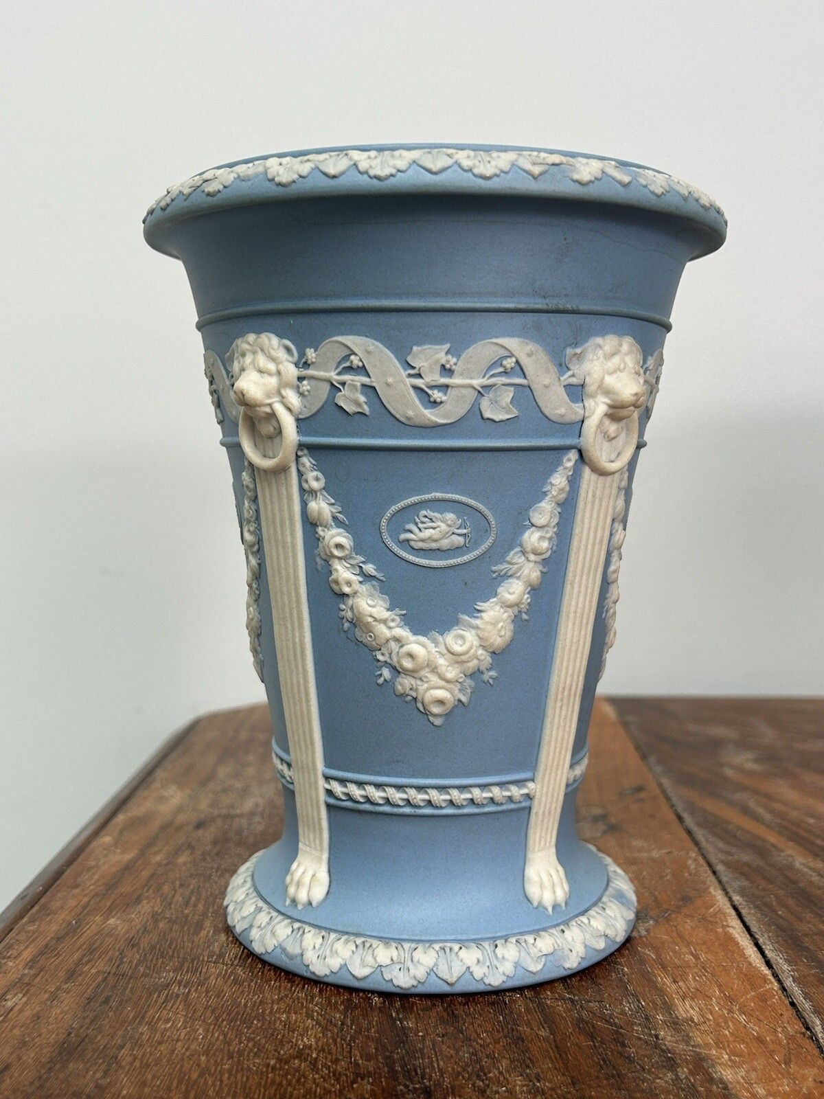 Wedgwood Light Blue Jasperware Monopodia Vases Pair Lion Head Cameos photo for sale
