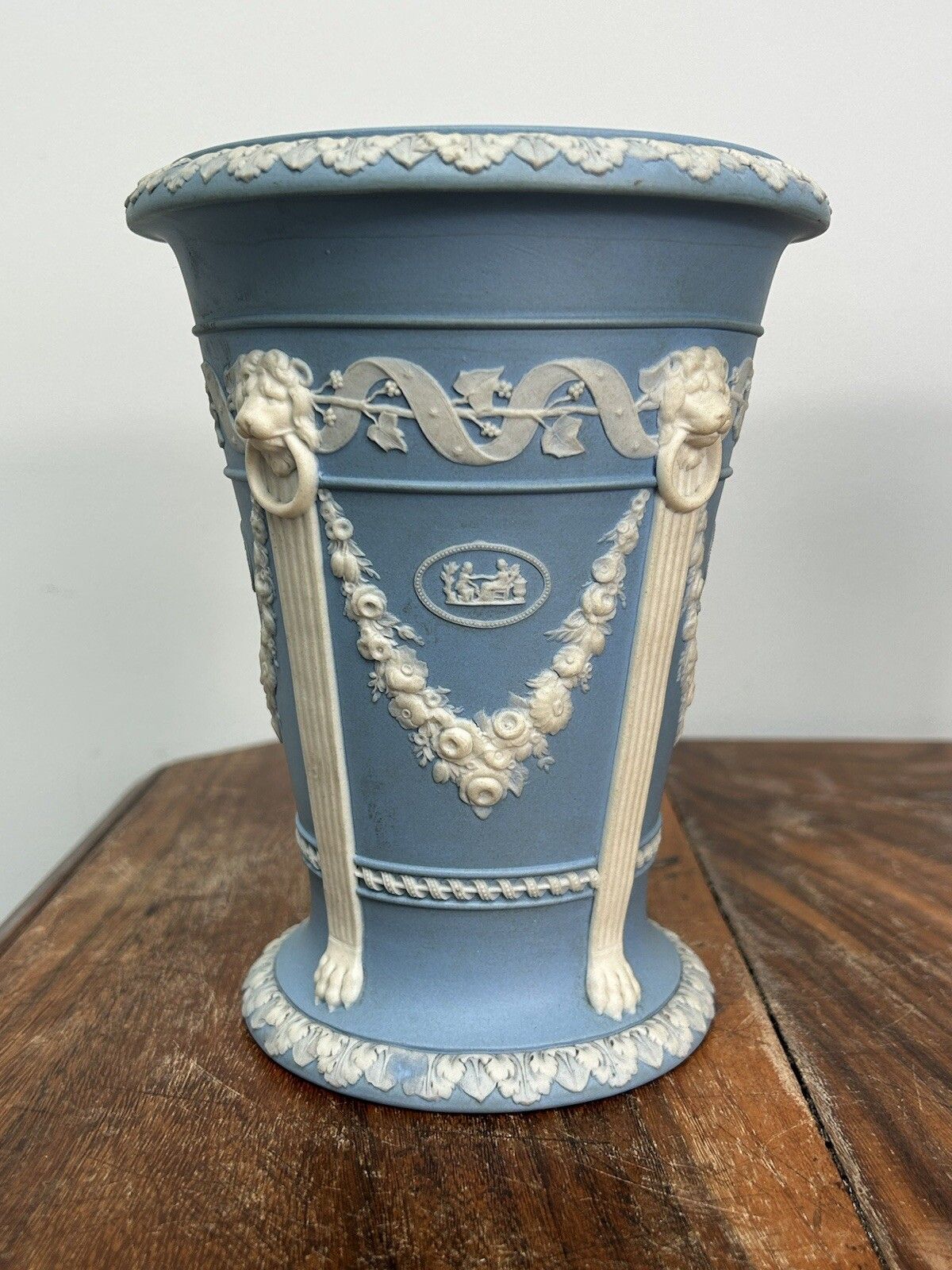 Wedgwood Light Blue Jasperware Monopodia Vases Pair Lion Head Cameos photo buy