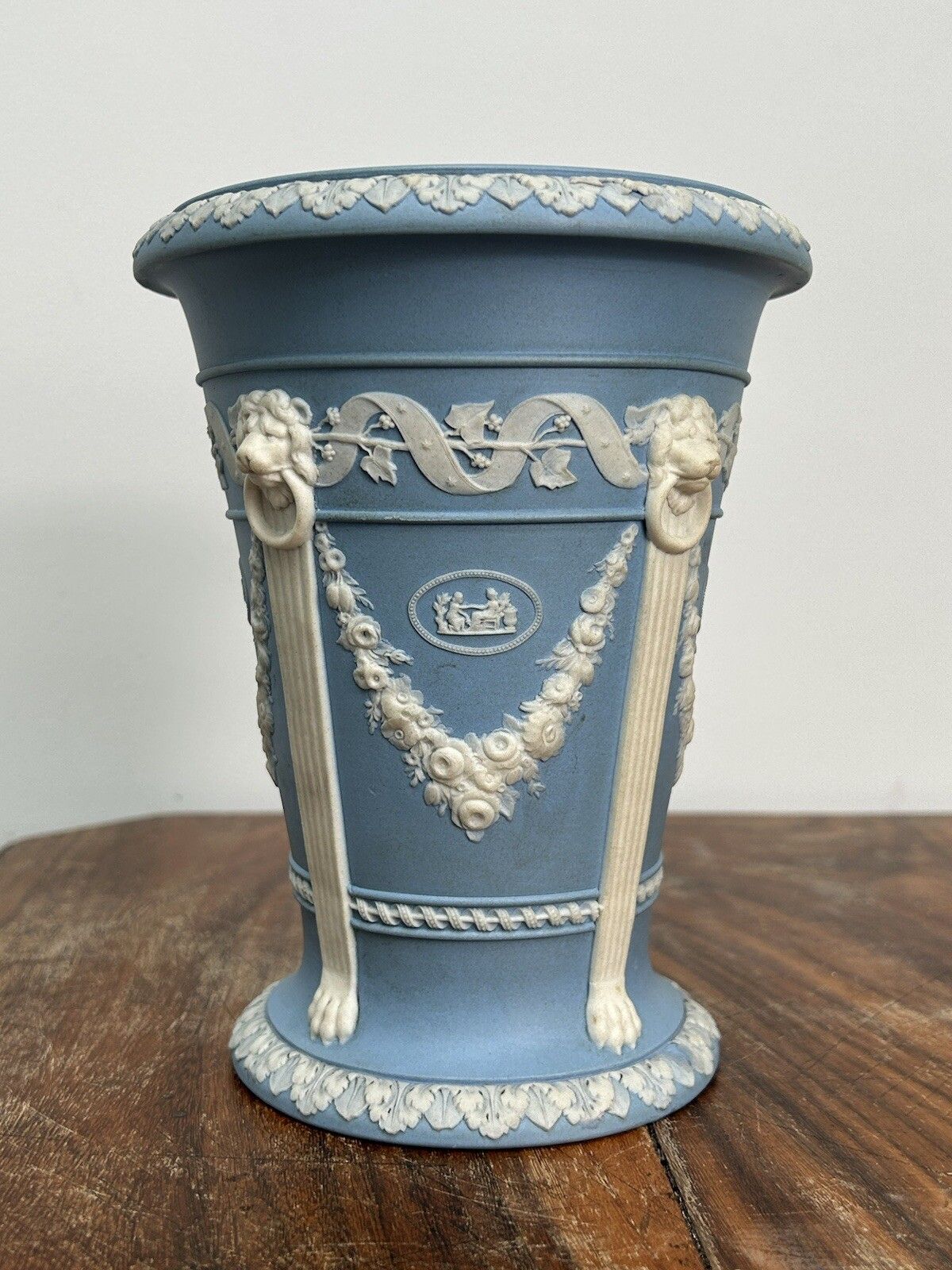 photo for sale Wedgwood Light Blue Jasperware Monopodia Vases Pair Lion Head Cameos