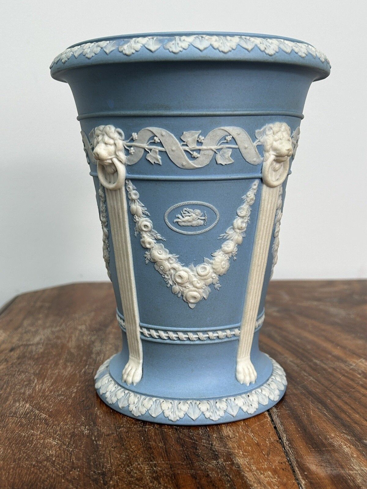 716.0 Wedgwood Light Blue Jasperware Monopodia Vases Pair Lion Head Cameos photo