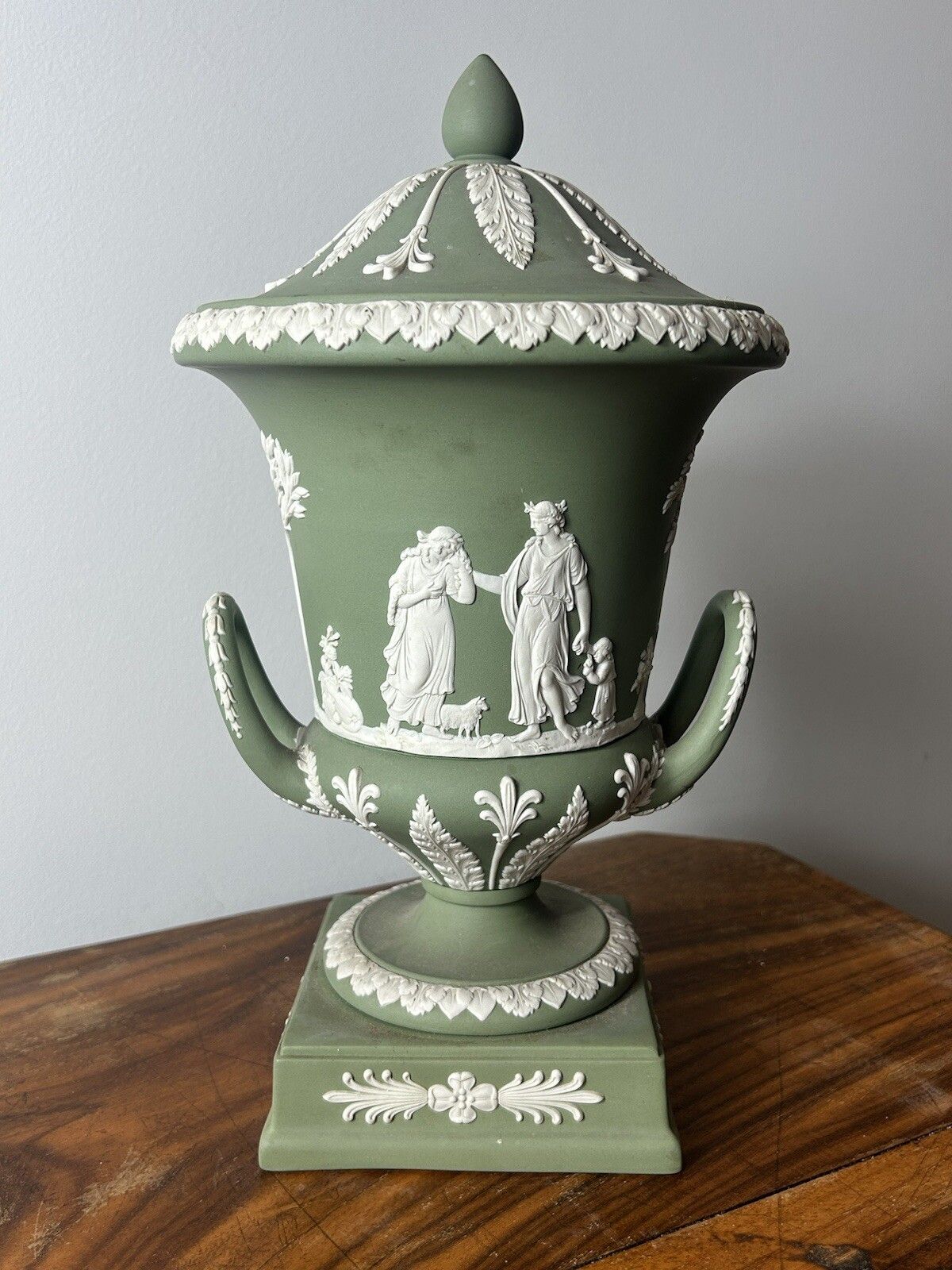Vintage Wedgwood Celadon Green Jasperware Campana Pedestal Urn Vase 12" photo Home Decor