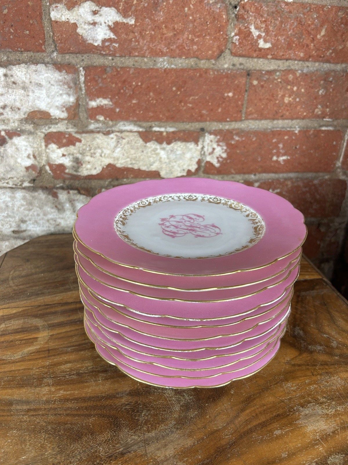 Antique Old Paris Armorial Porcelain Pink Plate Service, 11pc, French photo furniture