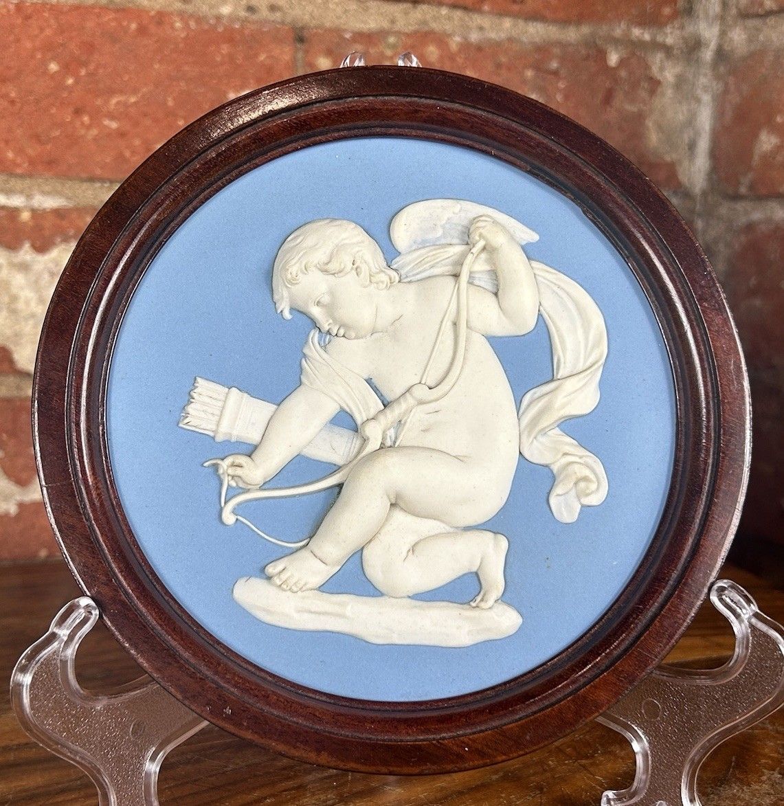 Antique Wedgwood Blue Jasperware Cupid Plaque In Vintage Wood Frame