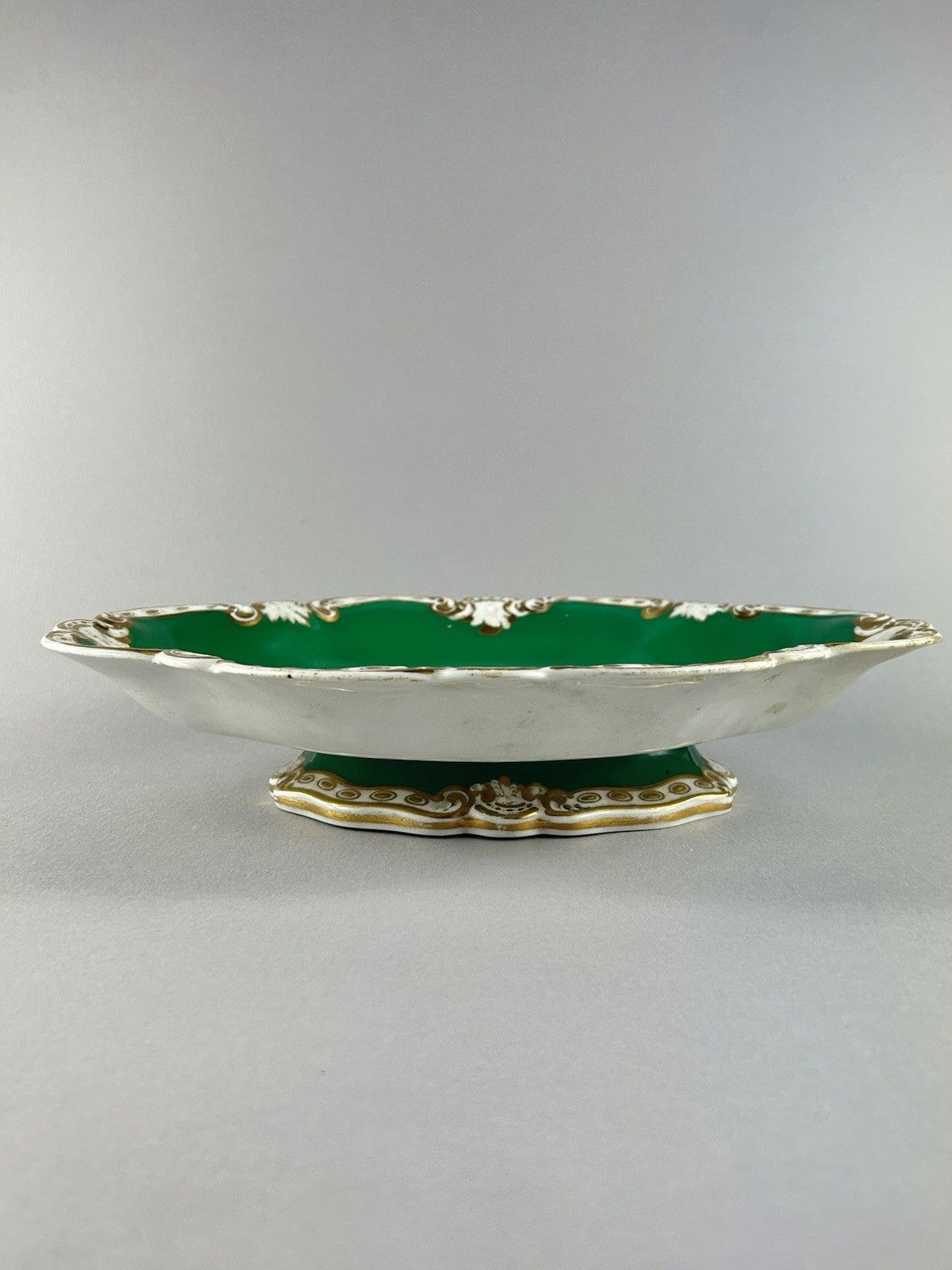 Antique English Porcelain Green & Gilt Pierced Oval Centerpiece 30cm photo for sale