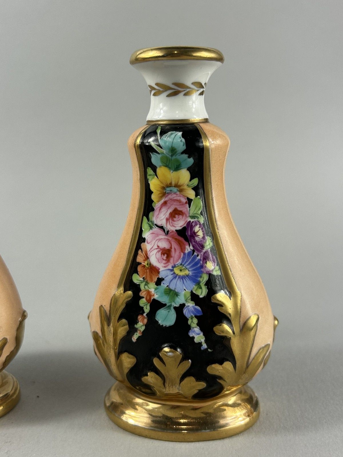 Antique Hand Painted Floral Porcelain Bud Vases Pair 14cm photo for sale